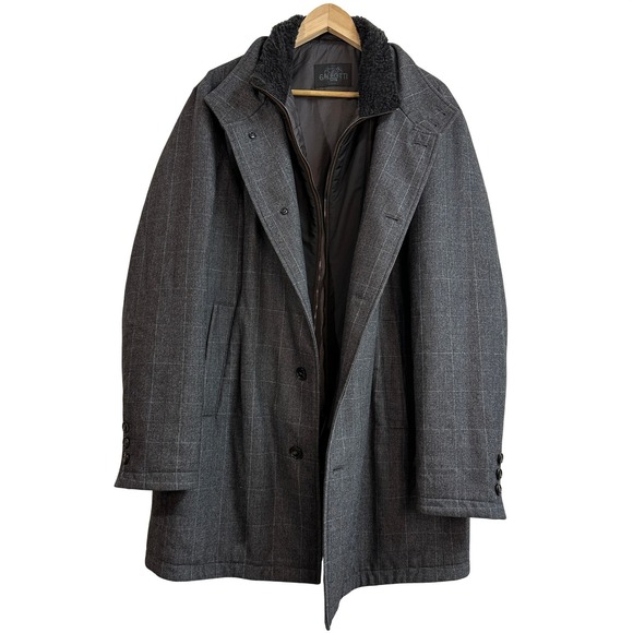Gallotti Mens New Wool Lambskin Plaid Coat Fur Collar Gray FullZip Lined Size 54 - Picture 2 of 11